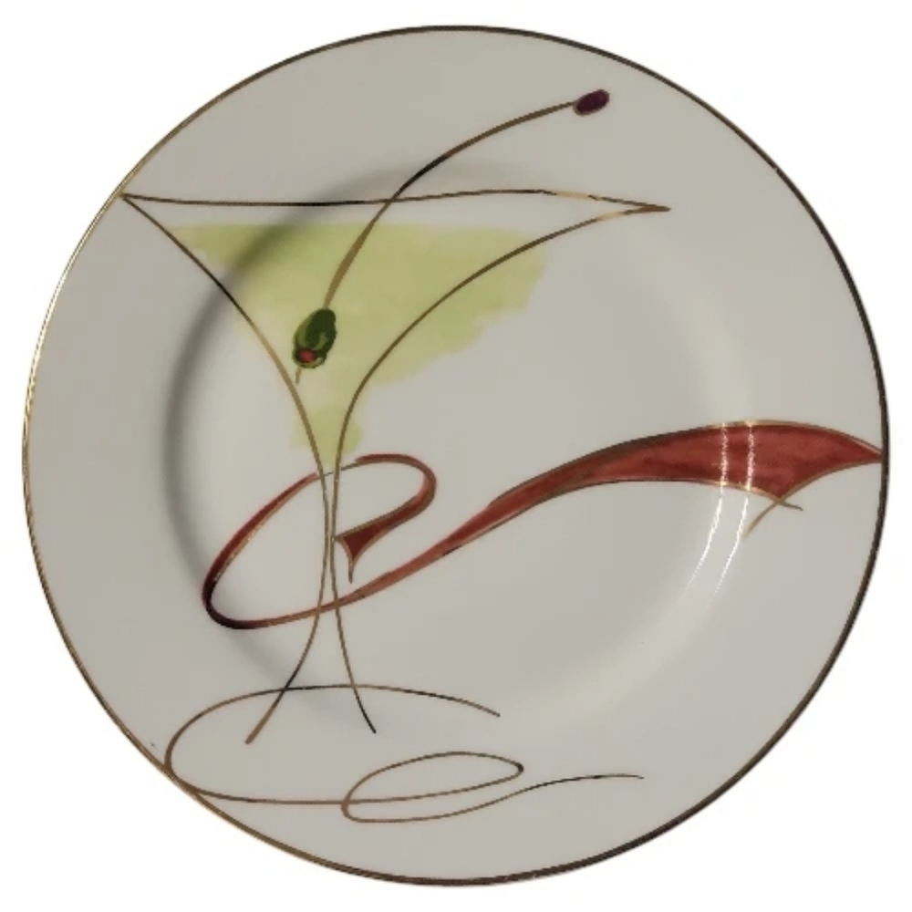 1 Vtg Pier 1 Appetizer Salad Dessert Plate Olive Martini Glass Red Gold Accents